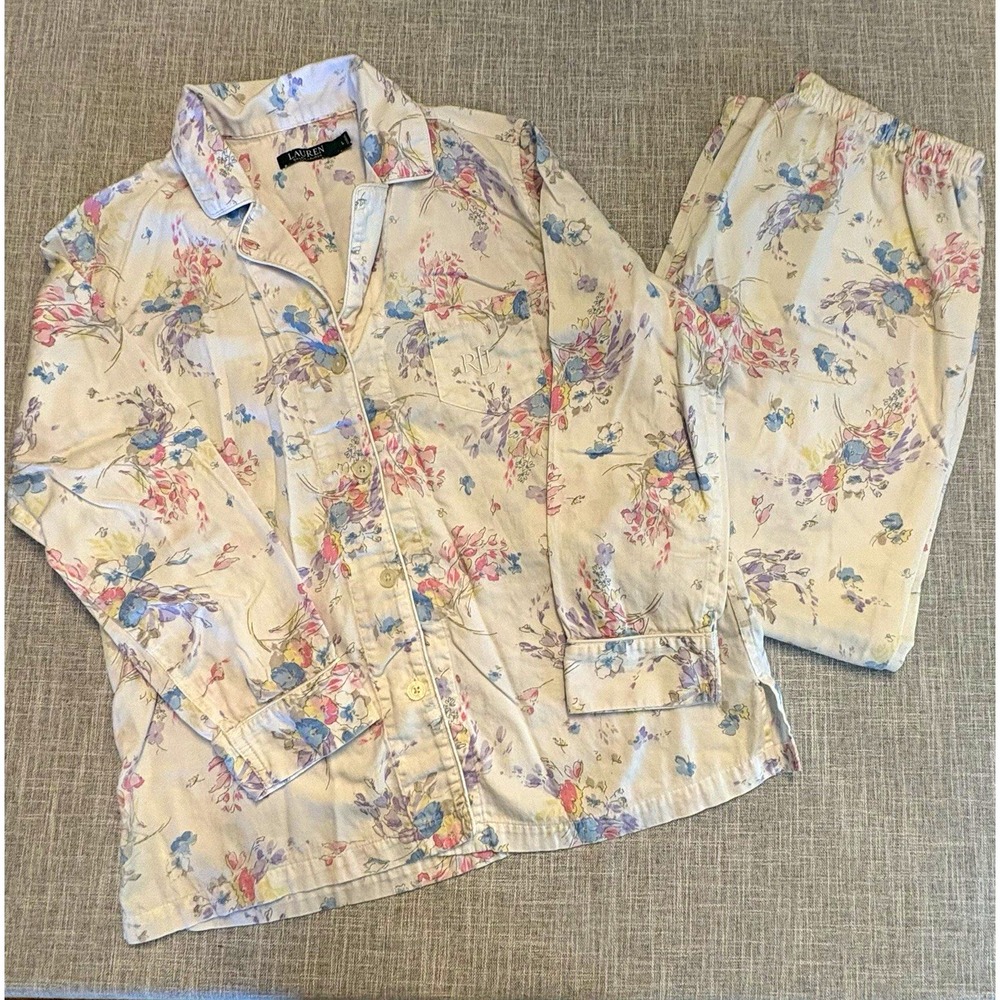 VTG Lauren Ralph Lauren Womens L Floral Woven Cotton Button-Front Pajama Set